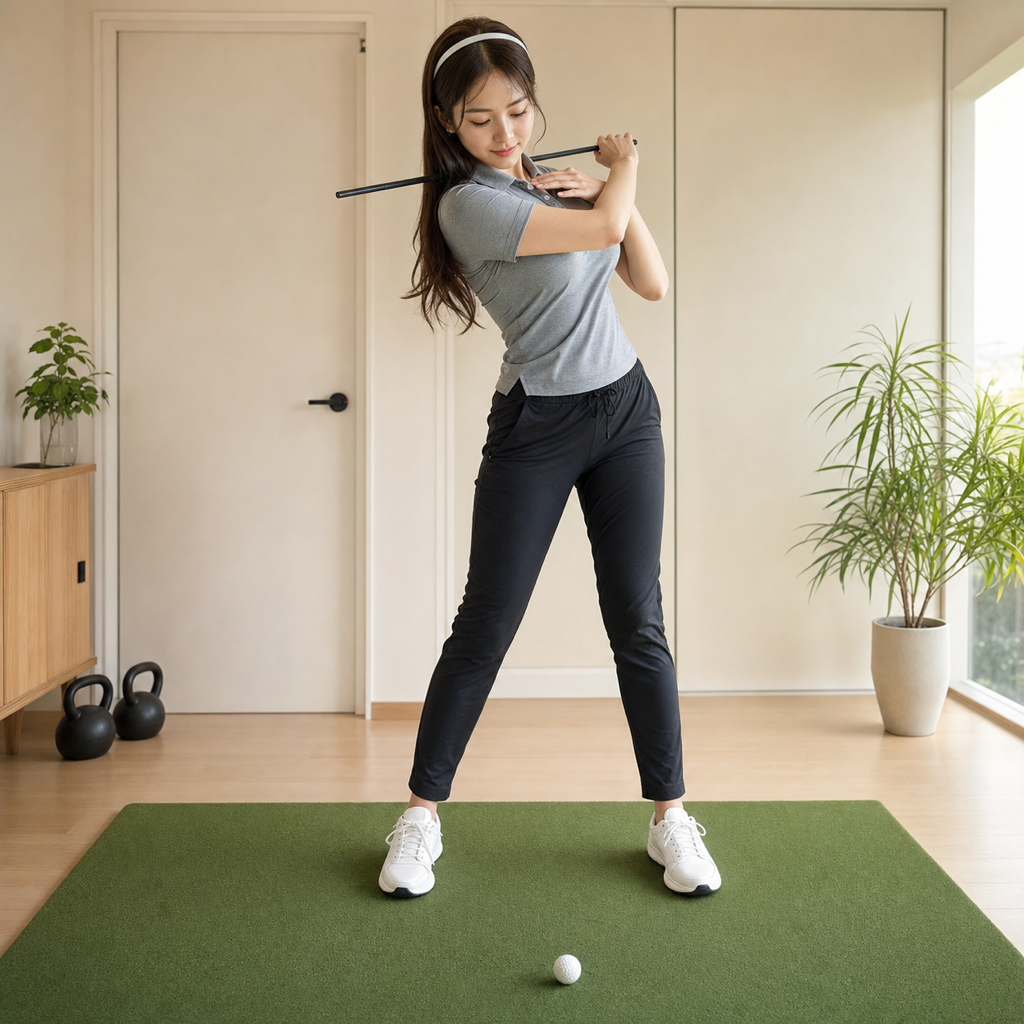 アライメントスティックを肩に担いで体を回すクールダウン中の女性ゴルファー（自宅）