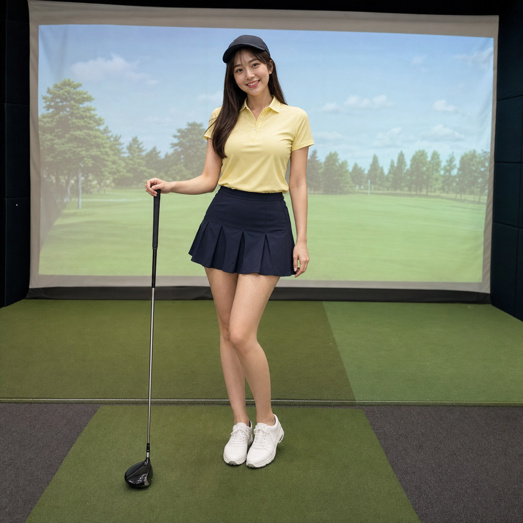インパクト後に高いフィニッシュへ伸び上がる若い女性ゴルファー、屋内ゴルフシミュレーター