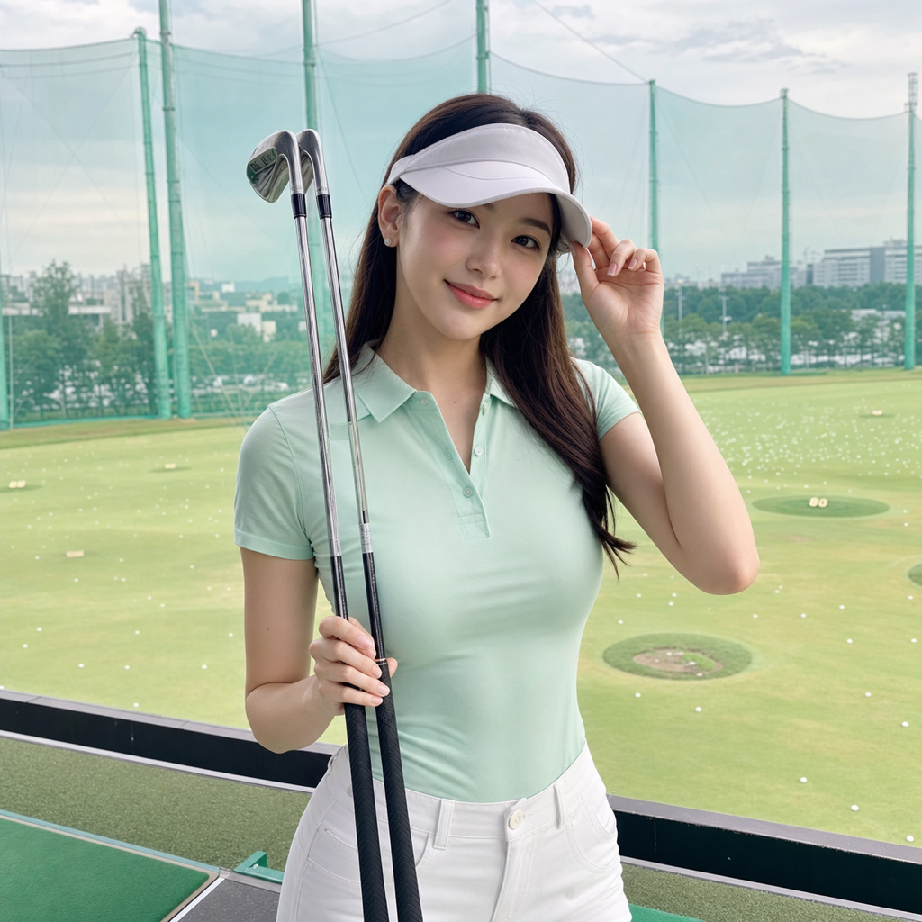 重軽の素振りの合間に休む韓国人女性ゴルファー