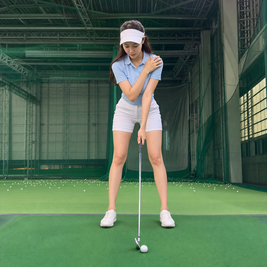 左手一本打ちでクラブが暴れて苦戦するゴルファー。アマチュアが直面する難しさを表現