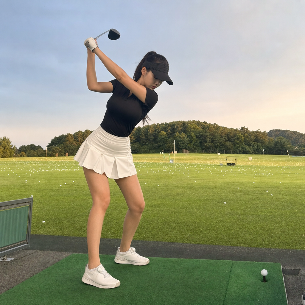 フルに捻転したトップで踏み込み準備をする女性ゴルファー