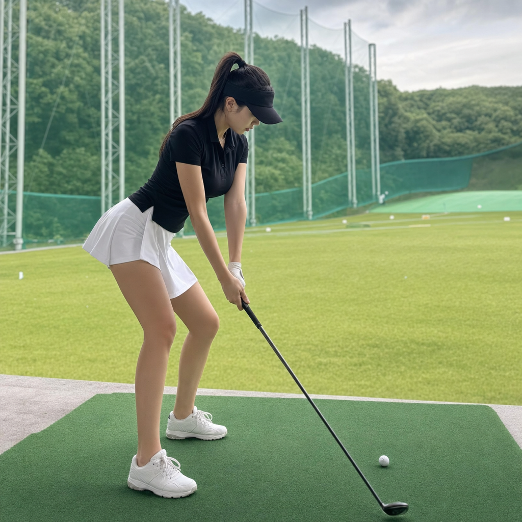 前足を踏み込み下半身先行で切り返す女性ゴルファー