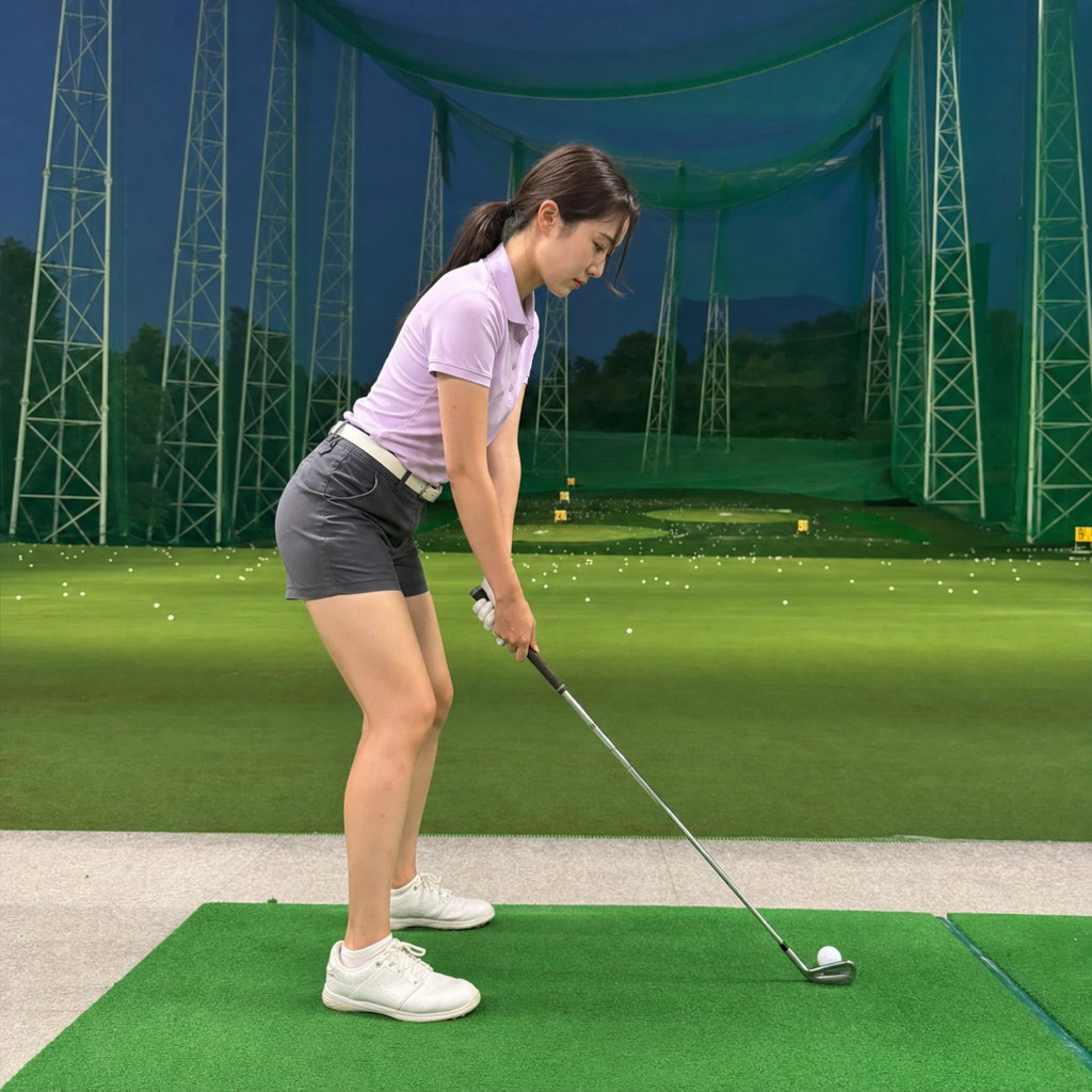 前足を踏み込んで体重移動する女性ゴルファー