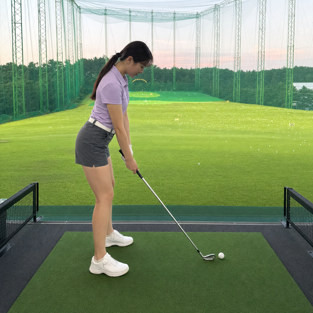 前足に乗り切ったフィニッシュの女性ゴルファー