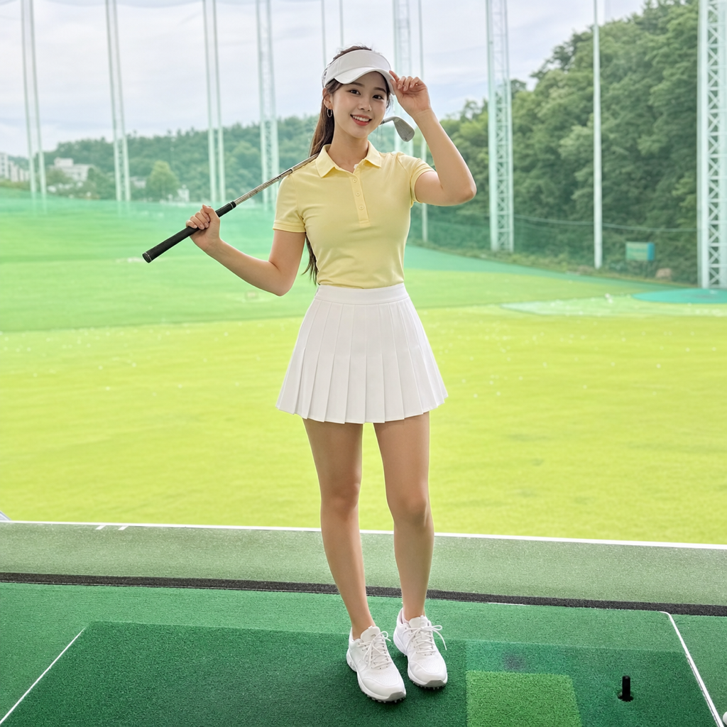 ドライバーでアドレスを取る女性ゴルファー