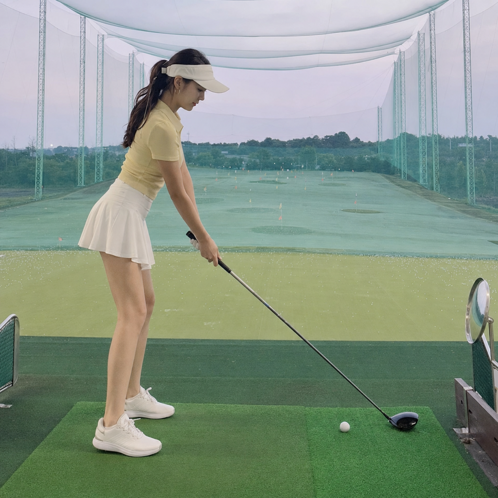 前腕をローテーションさせた高いフォロースルーで飛球を見る女性ゴルファー